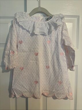 Girls Pink Heart Dot Dress with Eyelet Ruffle Collar